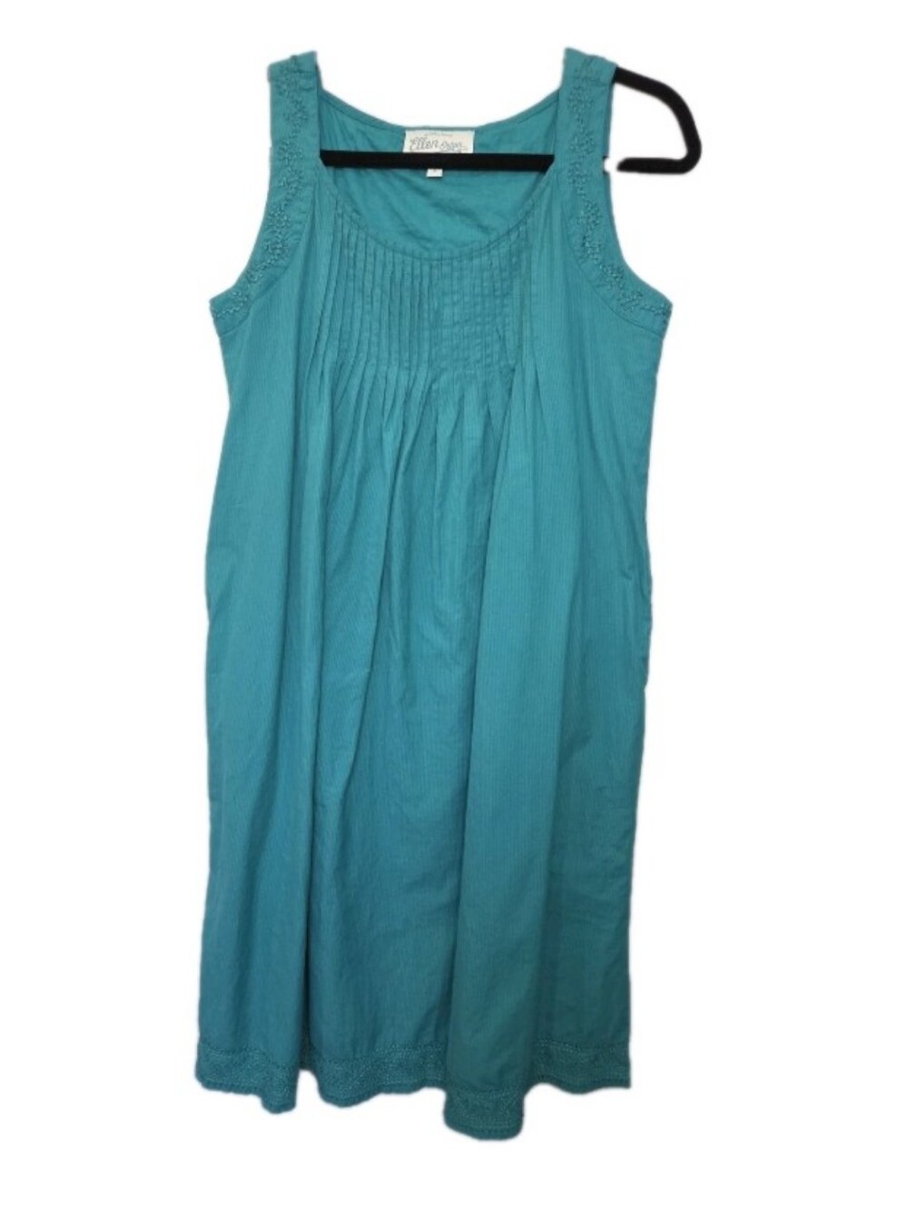 Ellen Orton Teal Blue Cotton Nightgown Size Small Embroidered Hems Pintuck Pleat
